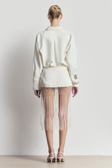 Satin Jacquard Sarong Midi Skirt with Fringing - Cream