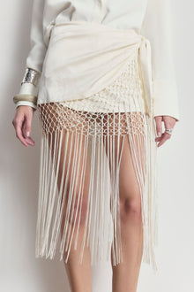 Satin Jacquard Sarong Midi Skirt with Fringing - Cream