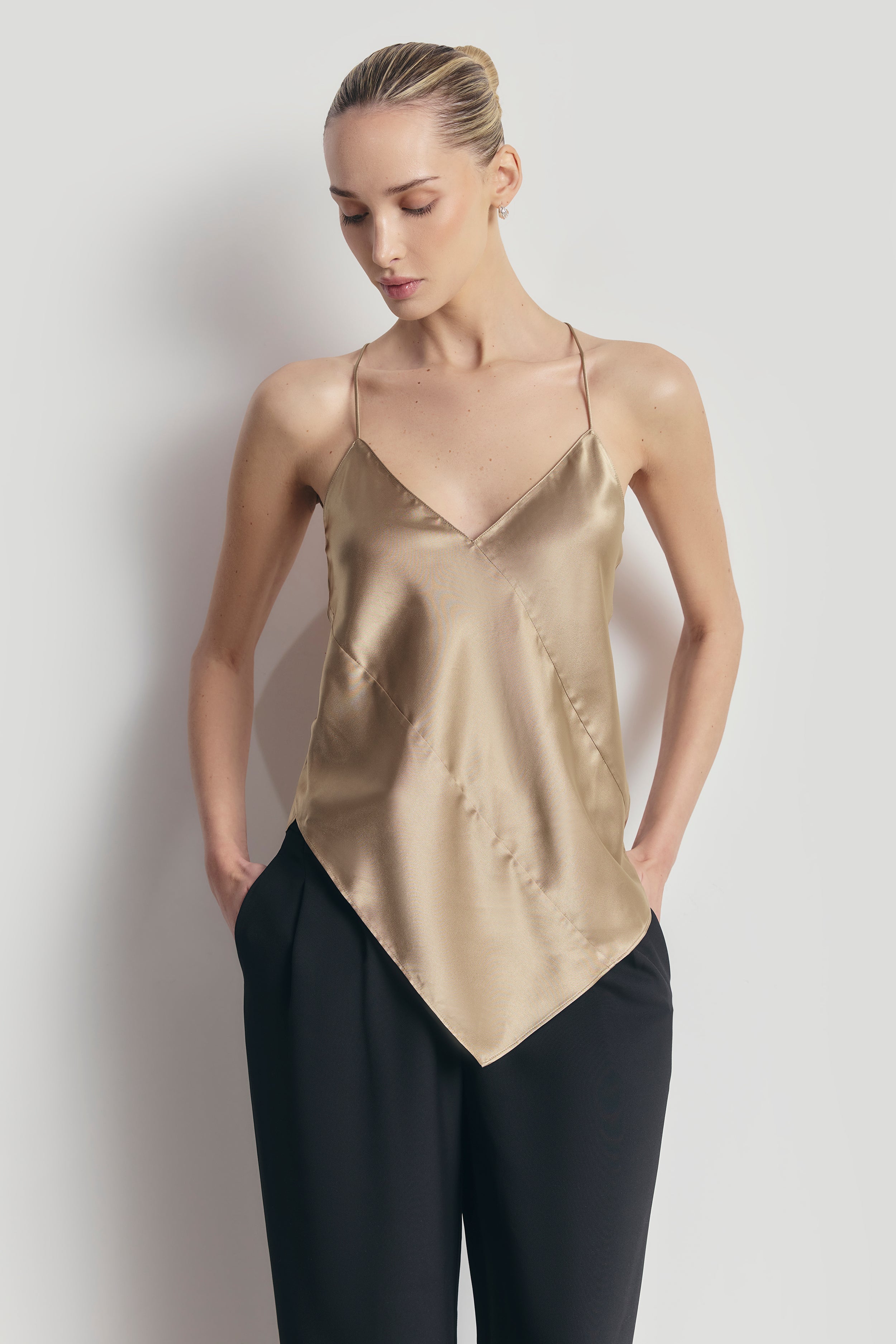 Satin Panel Detail V Neck Camisole - Bronze