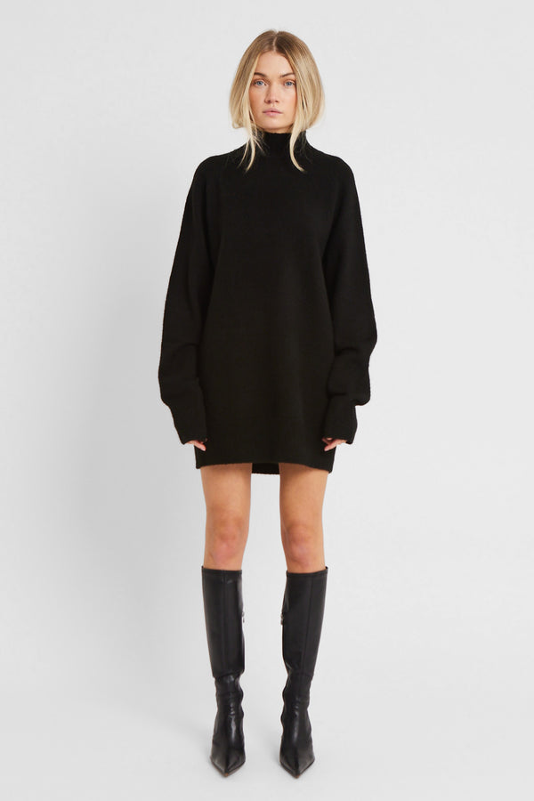 Soft Brushed High Neck Jumper Dress - Black