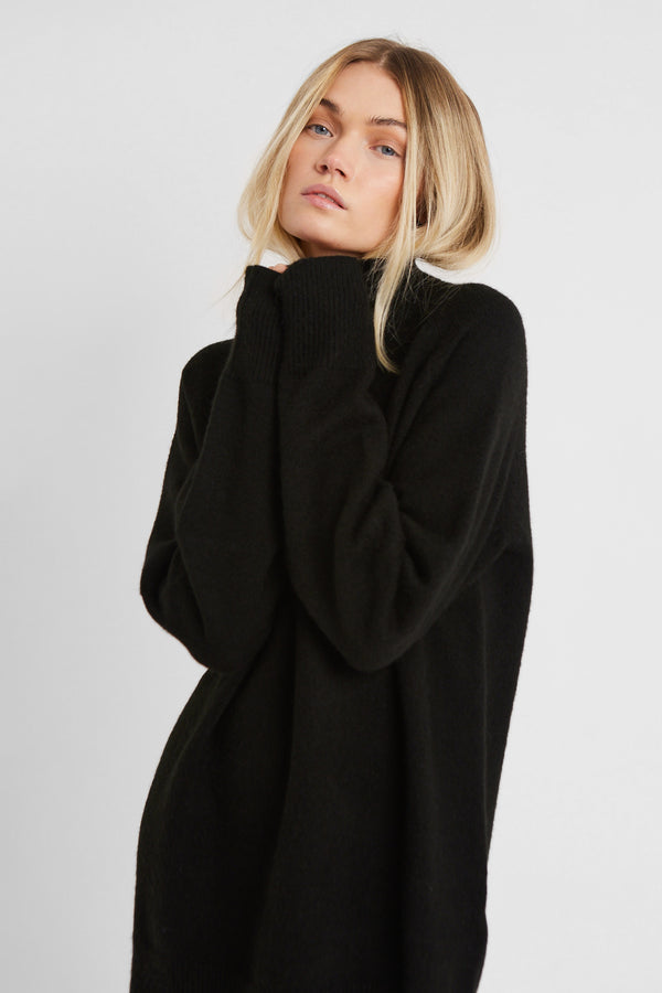 Soft Brushed High Neck Jumper Dress - Black
