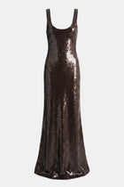 Sequin Scoop Neck Column Maxi Dress - Carob