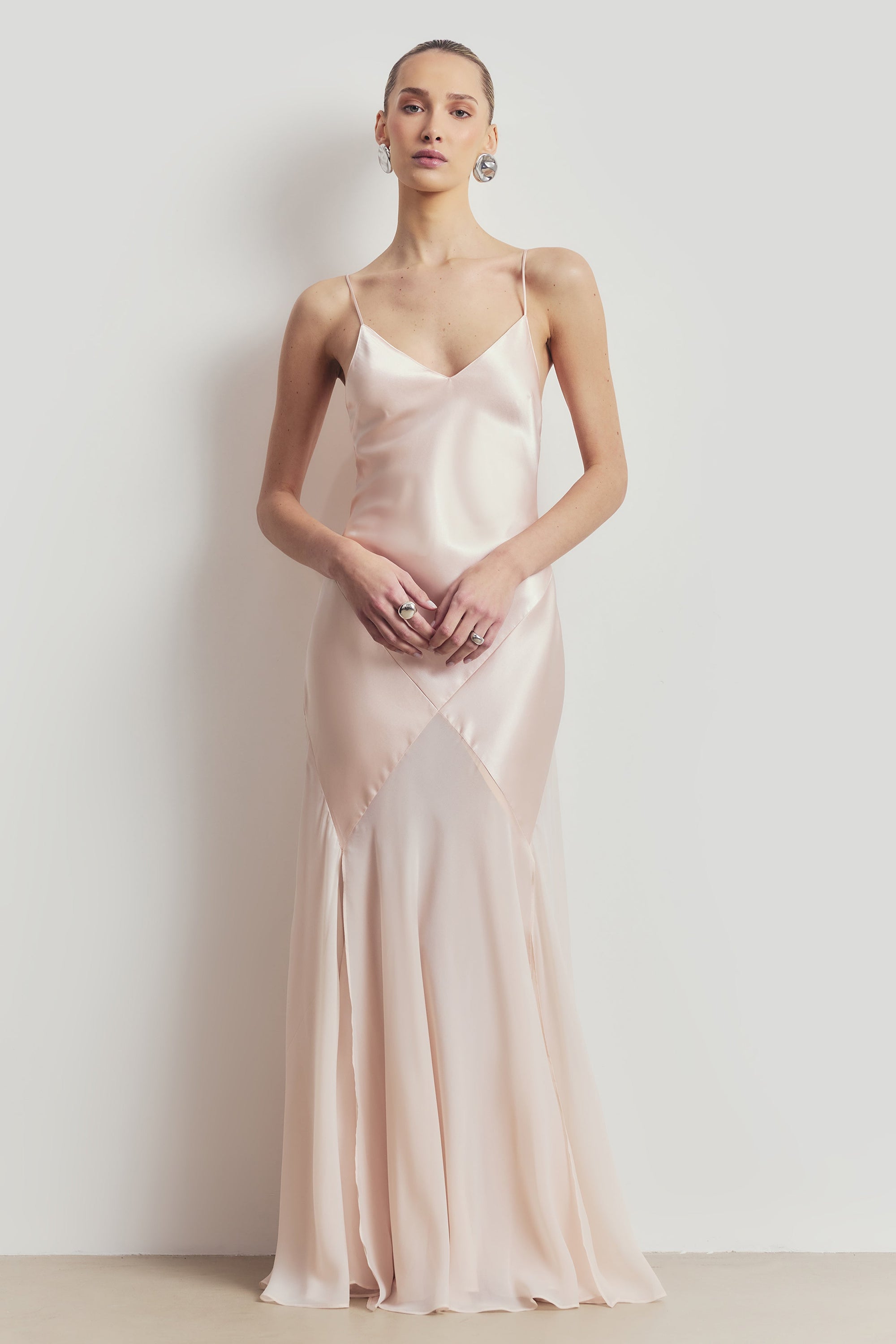 Plunging Satin Handkerchief Hem Gown