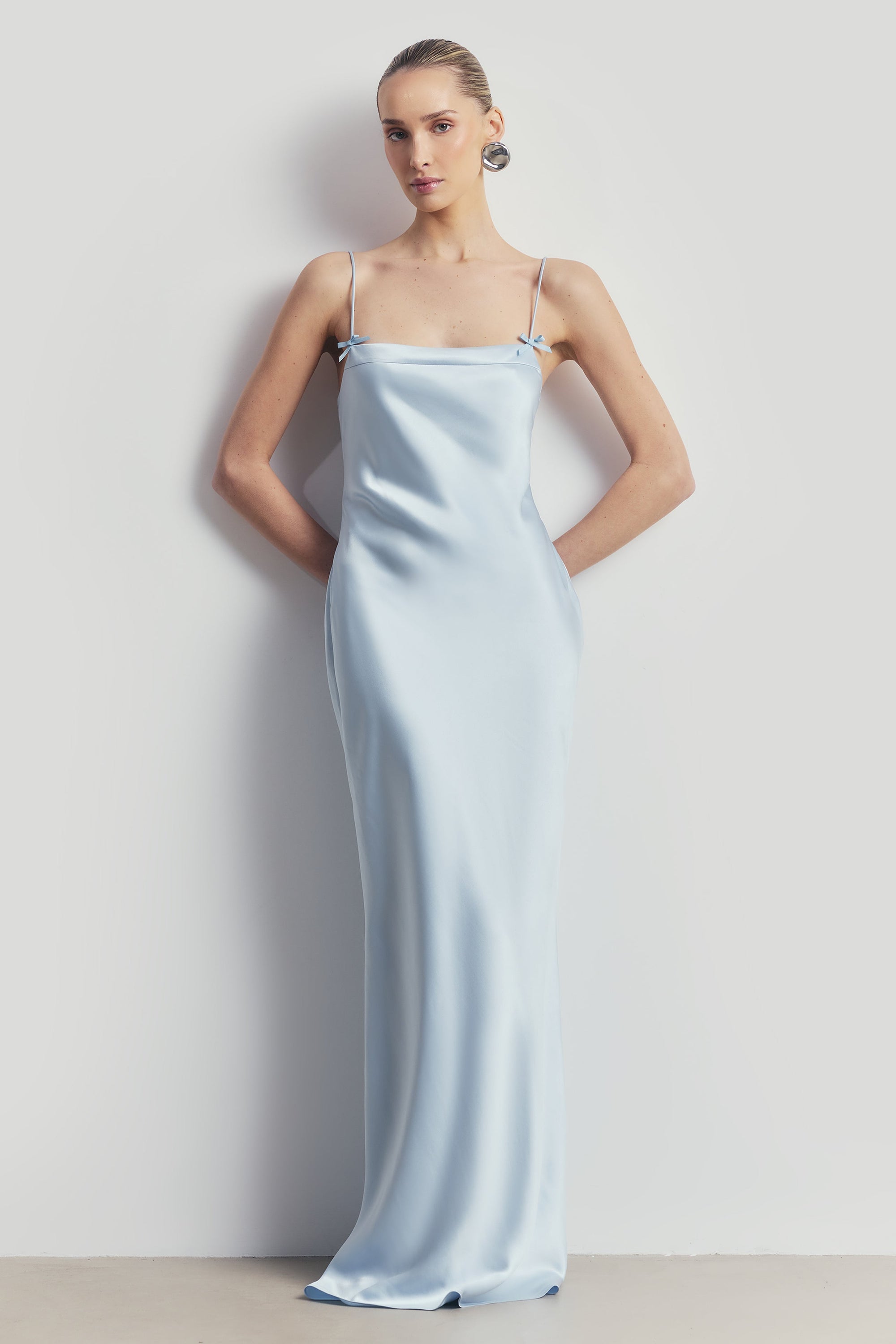 Satin 90's Slip Dress with Bow Detail - Powder Blue | BOA Satin 90's Slip Dress with Bow Detail - Powder Blue | BOA