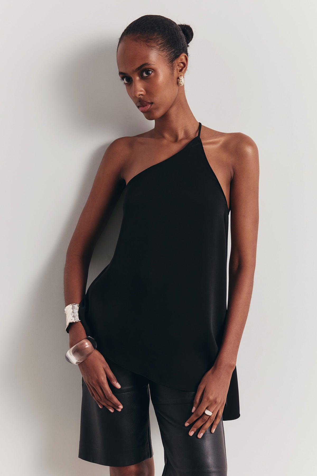 Flowing Asymmetric Open Back Top - Black