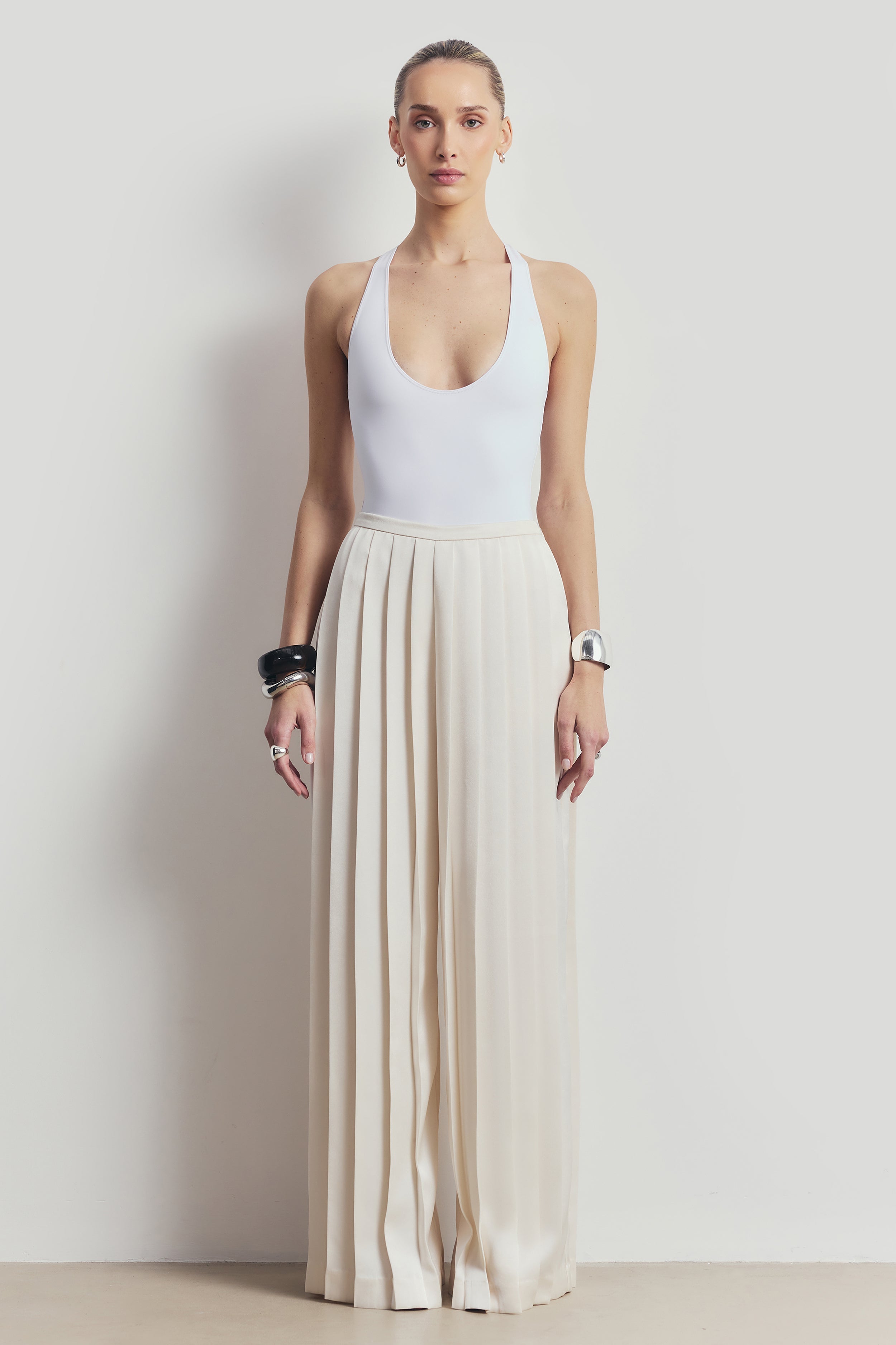 Pleated Satin Palazzo Trousers - Cream