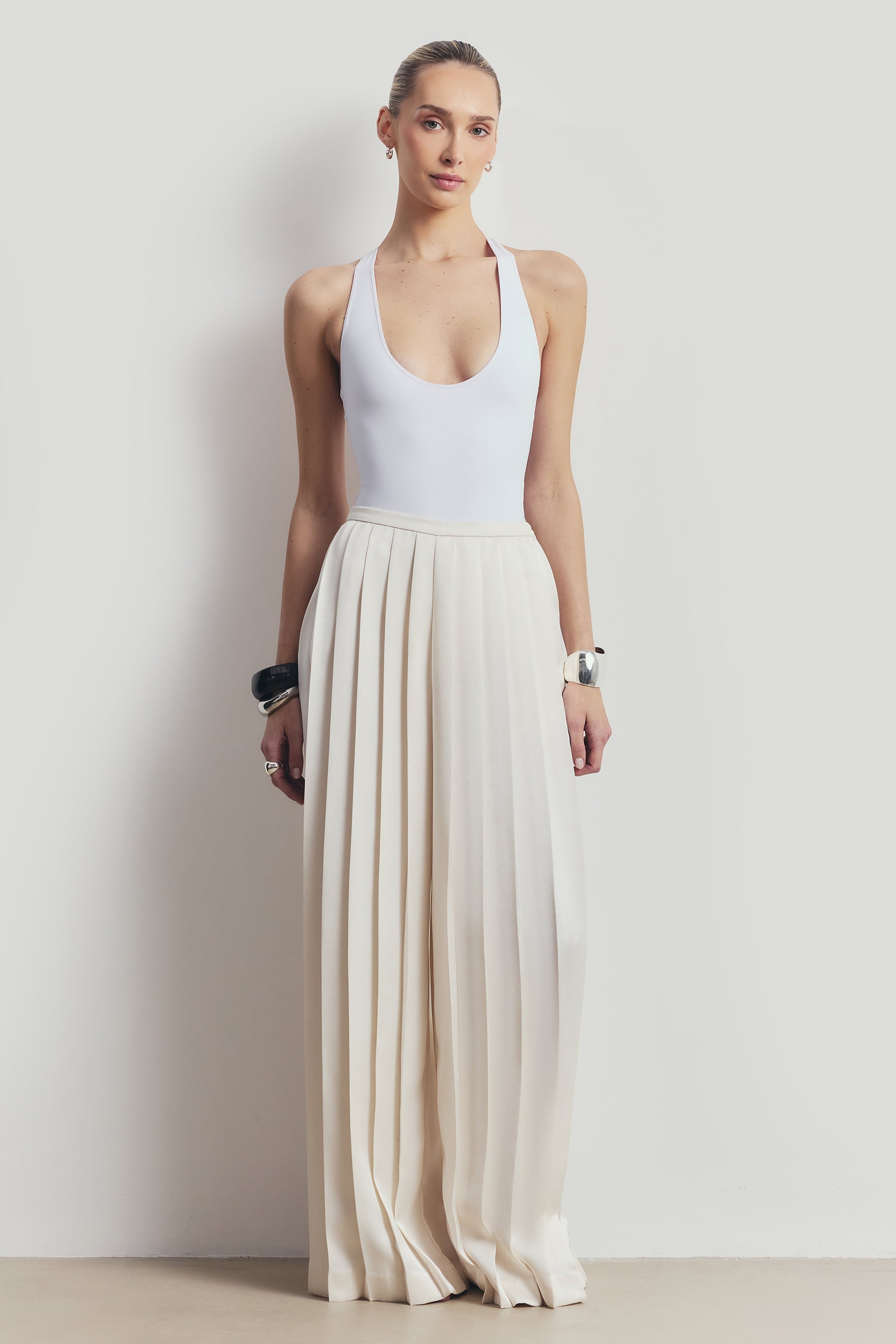 Pleated Satin Palazzo Trousers - Cream