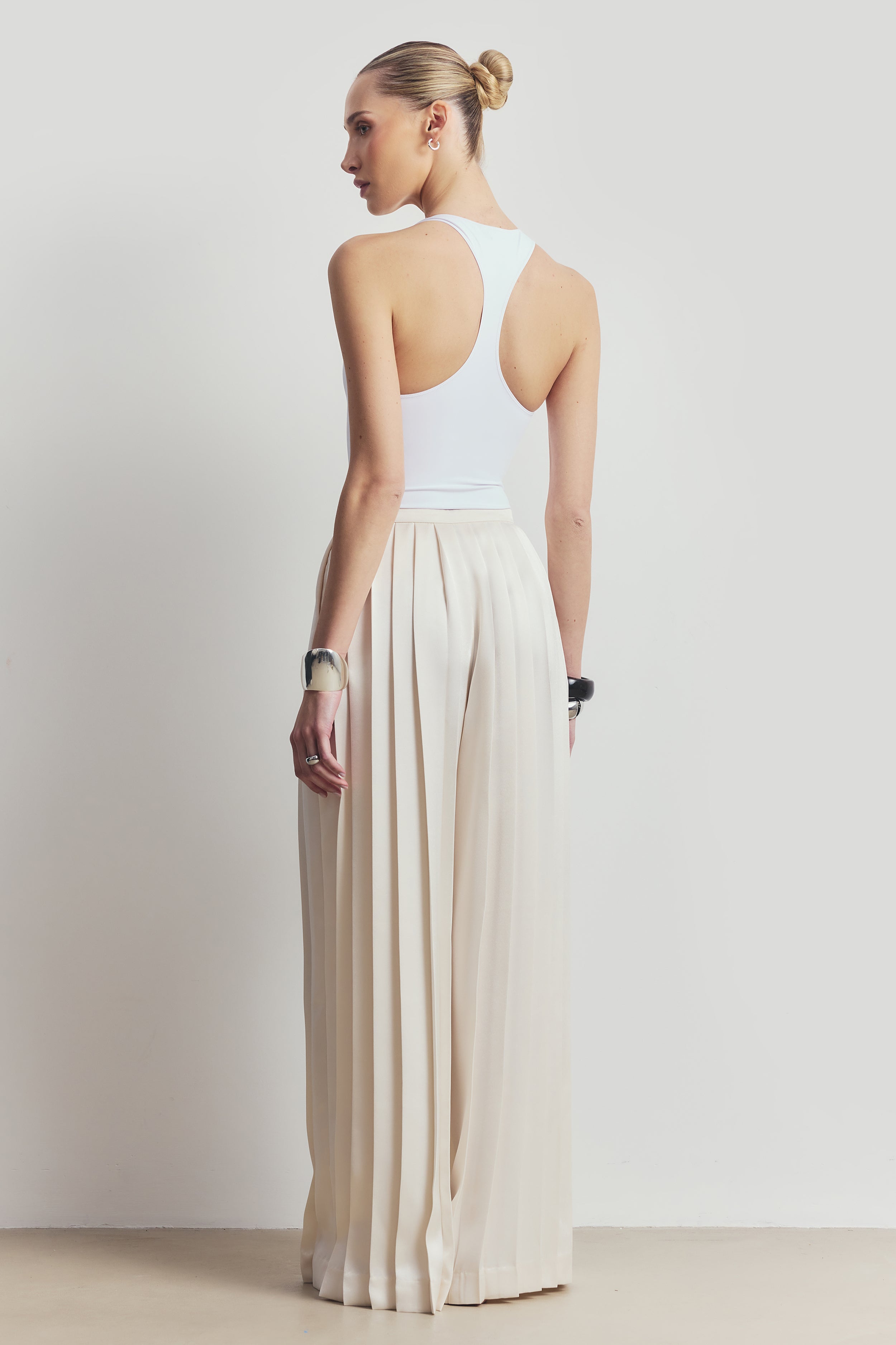 Pleated Satin Palazzo Trousers - Cream