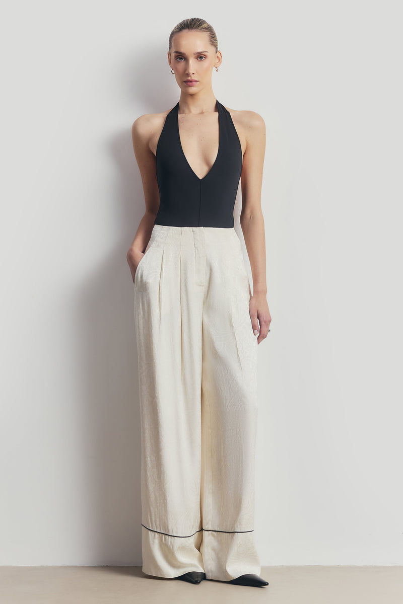 Pleated Jacquard Wide Leg Trousers - Cream