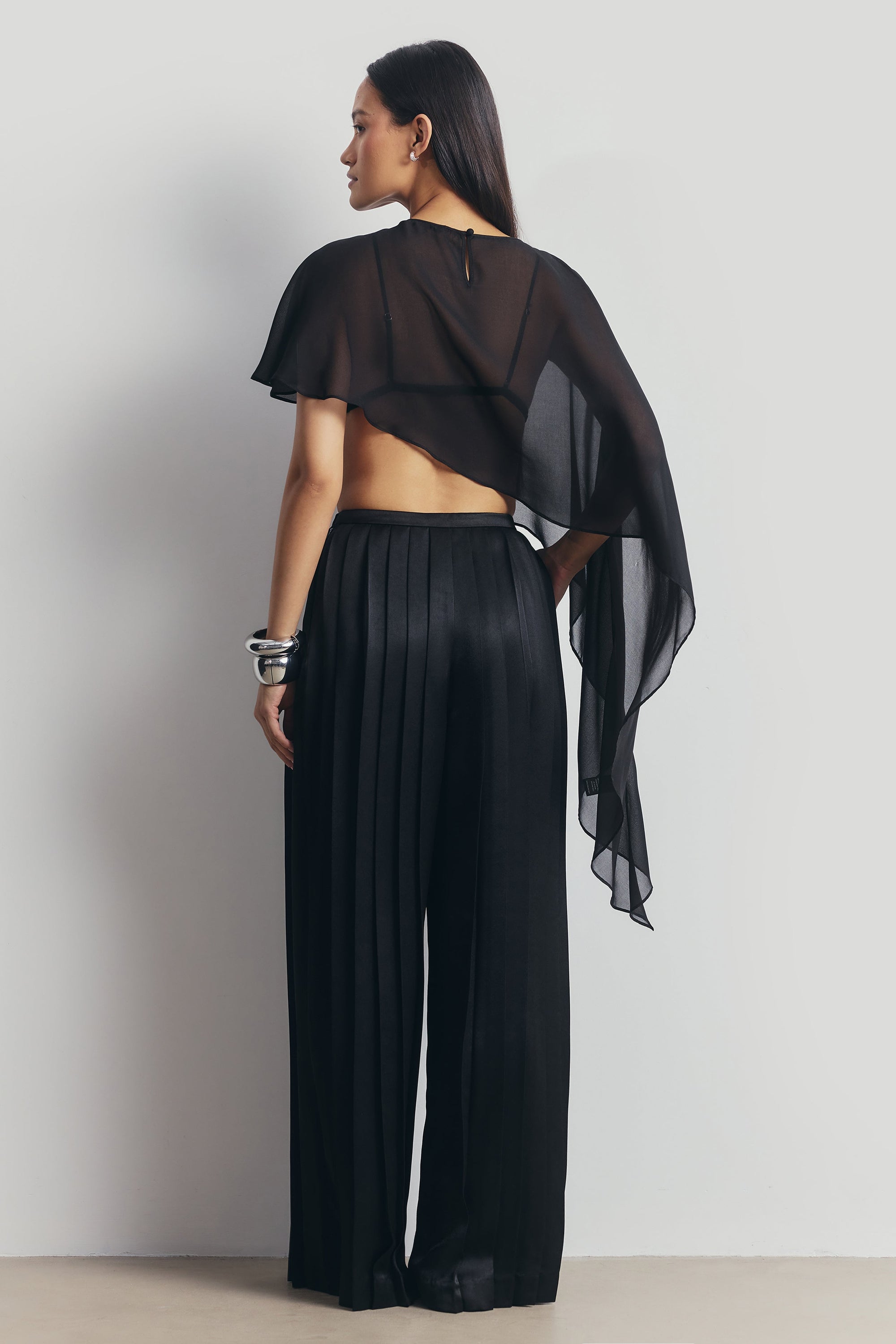 Pleated Satin Palazzo Trousers - Black