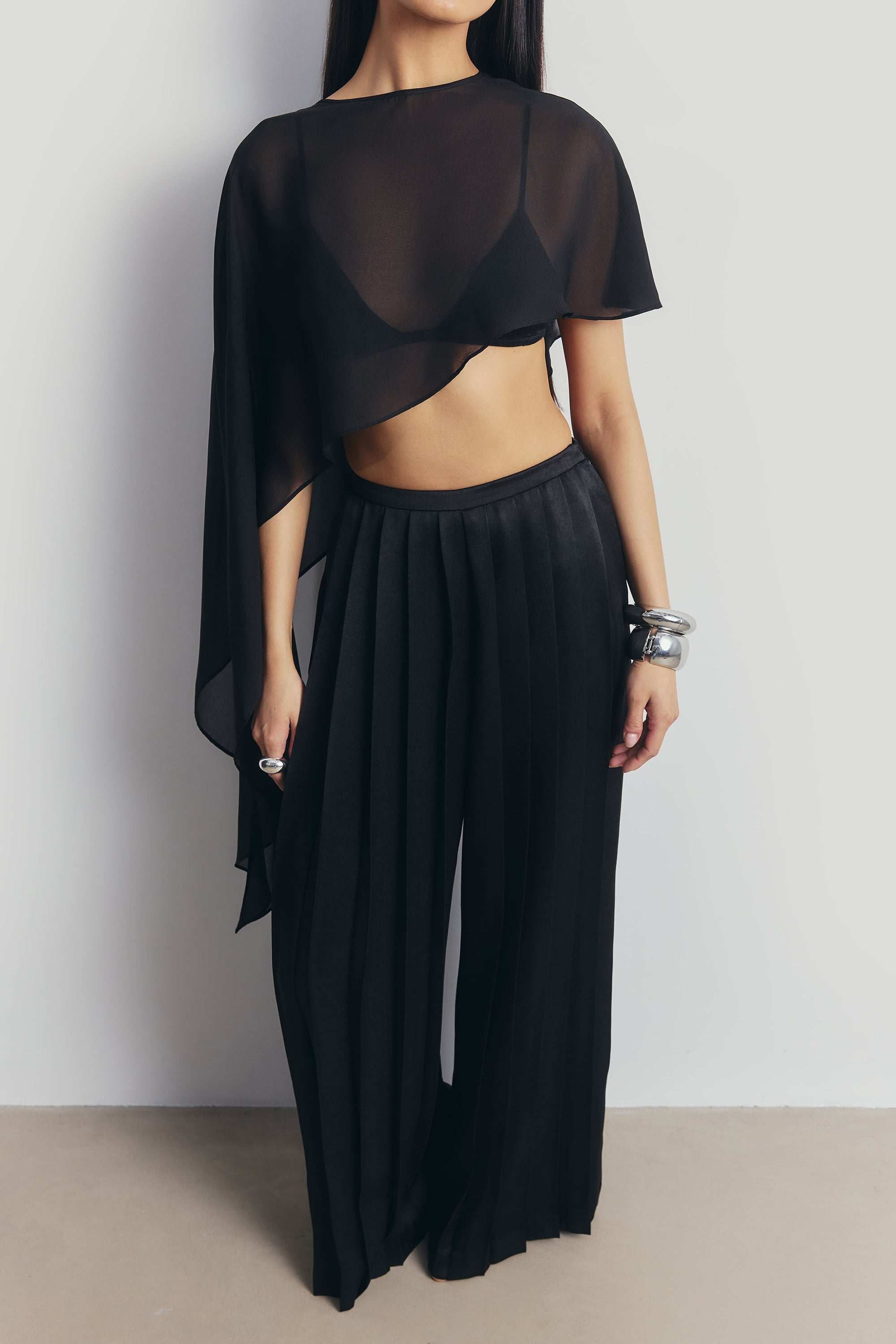 Pleated Satin Palazzo Trousers - Black