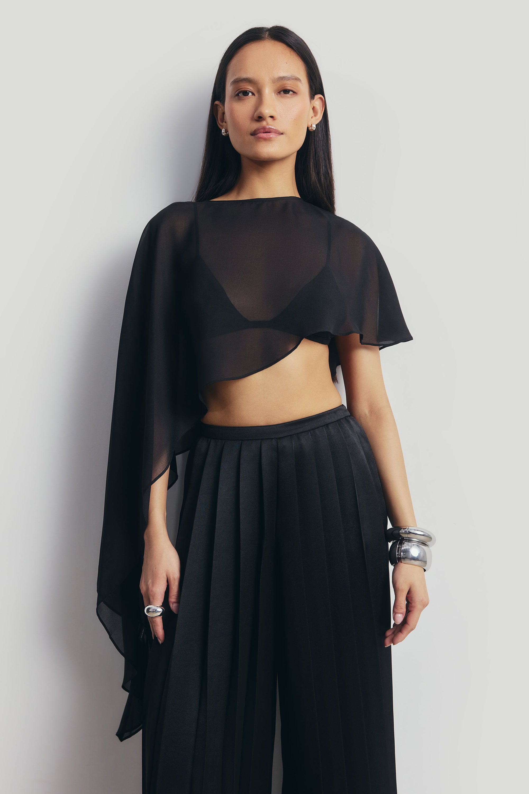 Pleated Satin Palazzo Trousers - Black