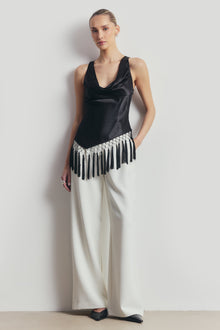 Satin Cowl Neck Tassel Hem Top - Black