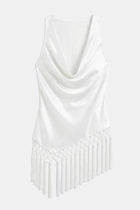 Satin Cowl Neck Tassel Hem Top - Cream