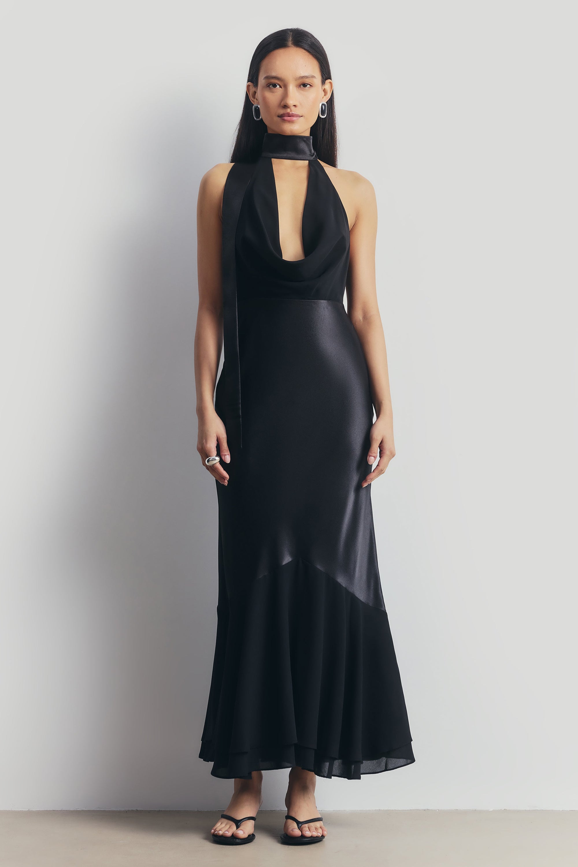 Satin Panel Scarf Detail Midi Dress - Black Satin Panel Scarf Detail Midi Dress - Black