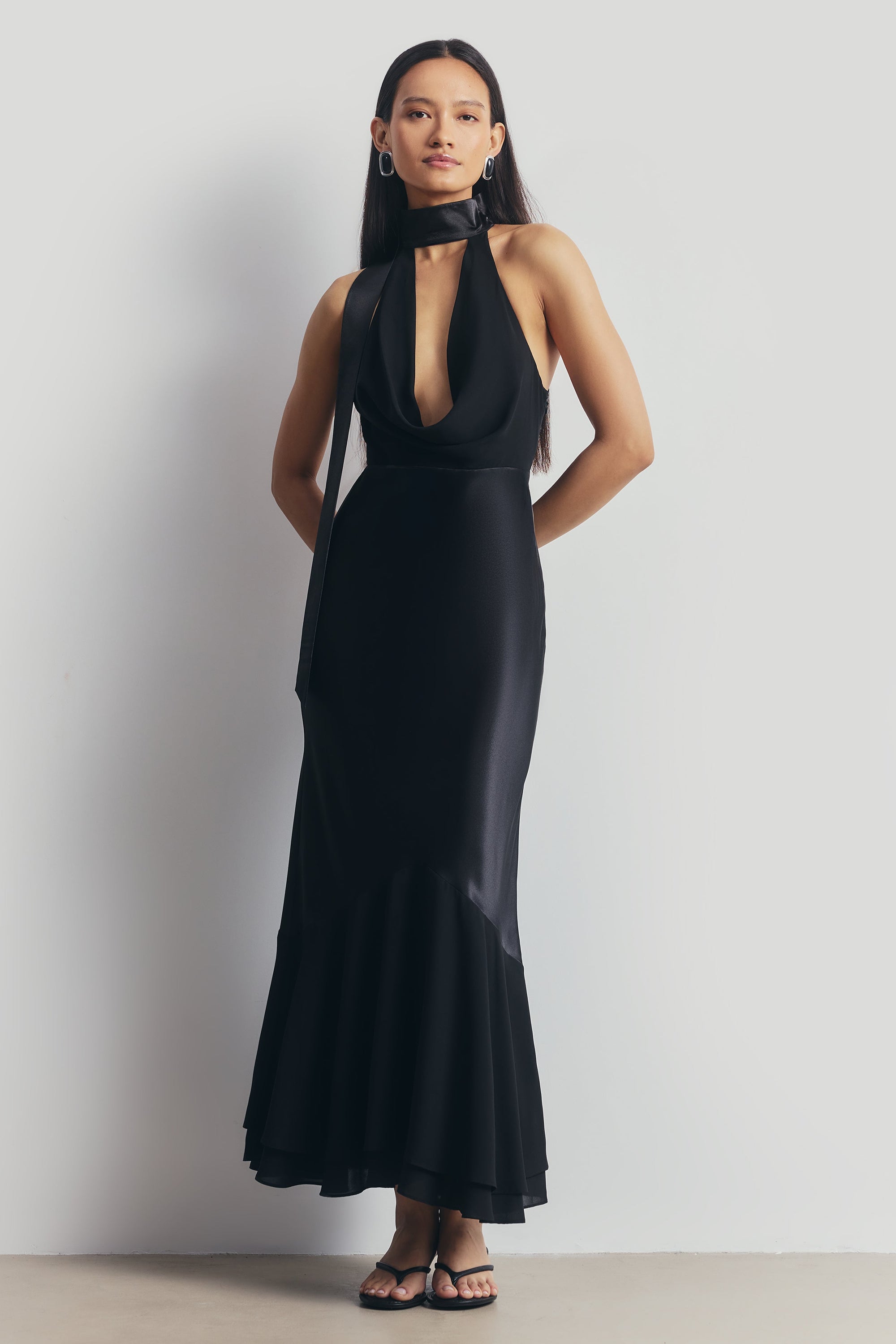 black midi dress with scarf Scarf V-Neck Flare Midi Dress in Black