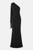 Asymmetric Scarf Gown With Fringing - Black