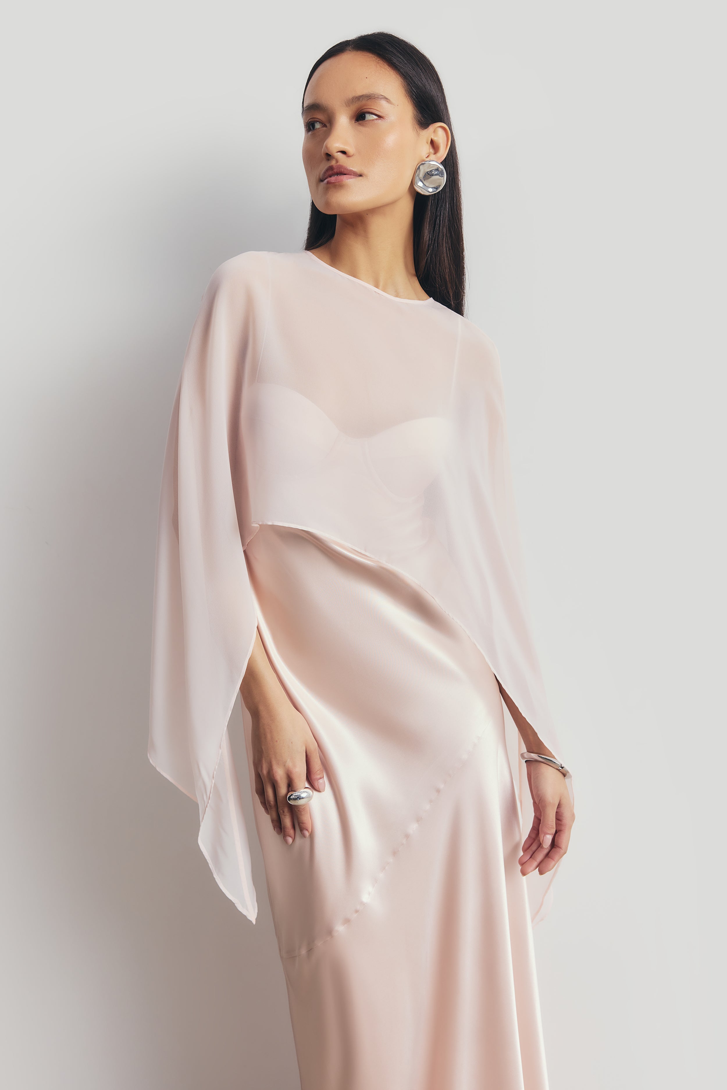 Sheer Chiffon Curved Hem Cape - Blush