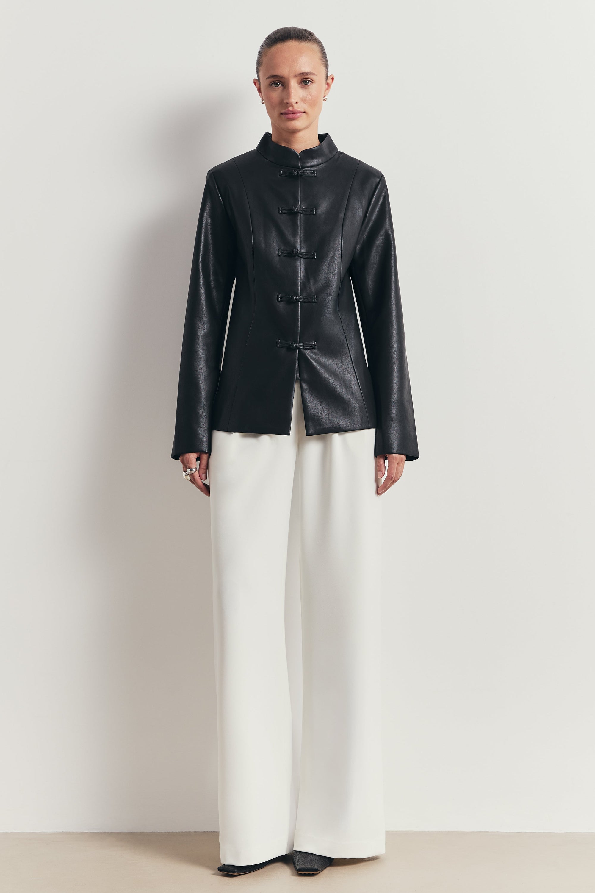 Leather Mandarin Collar Jacket - Black