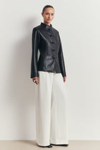Leather Mandarin Collar Jacket - Black