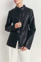 Leather Mandarin Collar Jacket - Black