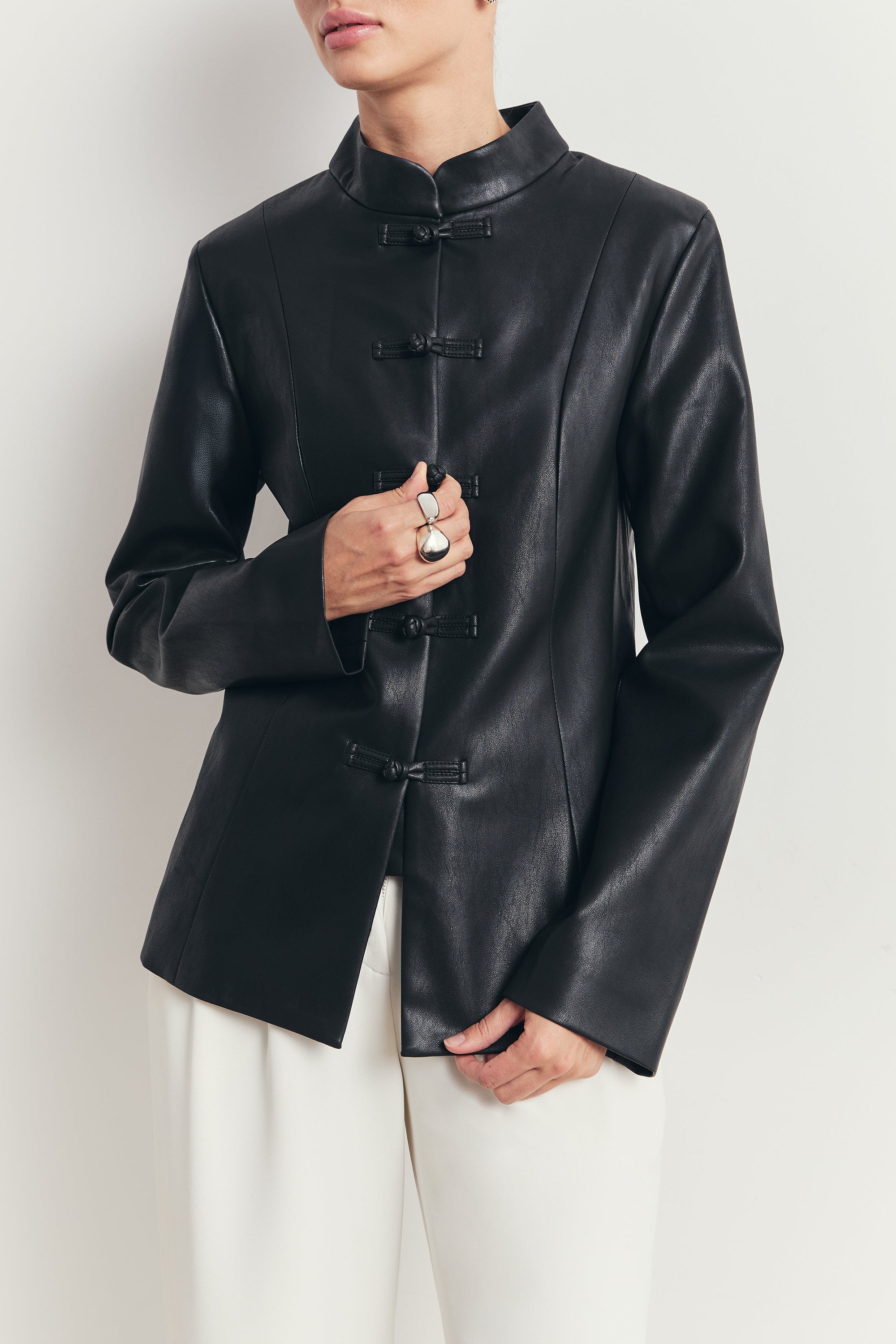Leather Mandarin Collar Jacket - Black