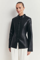 Leather Mandarin Collar Jacket - Black