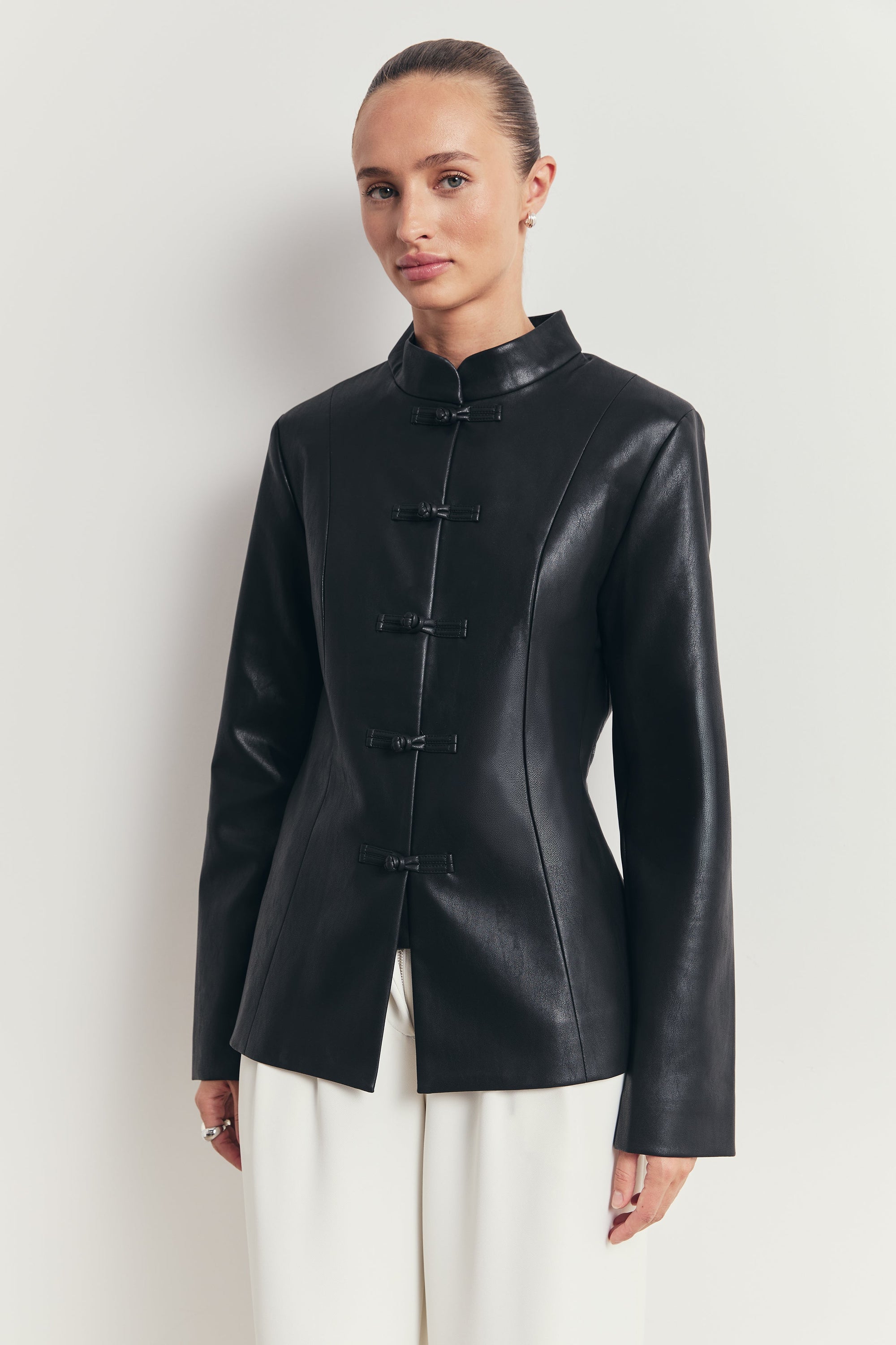 Leather Mandarin Collar Jacket - Black