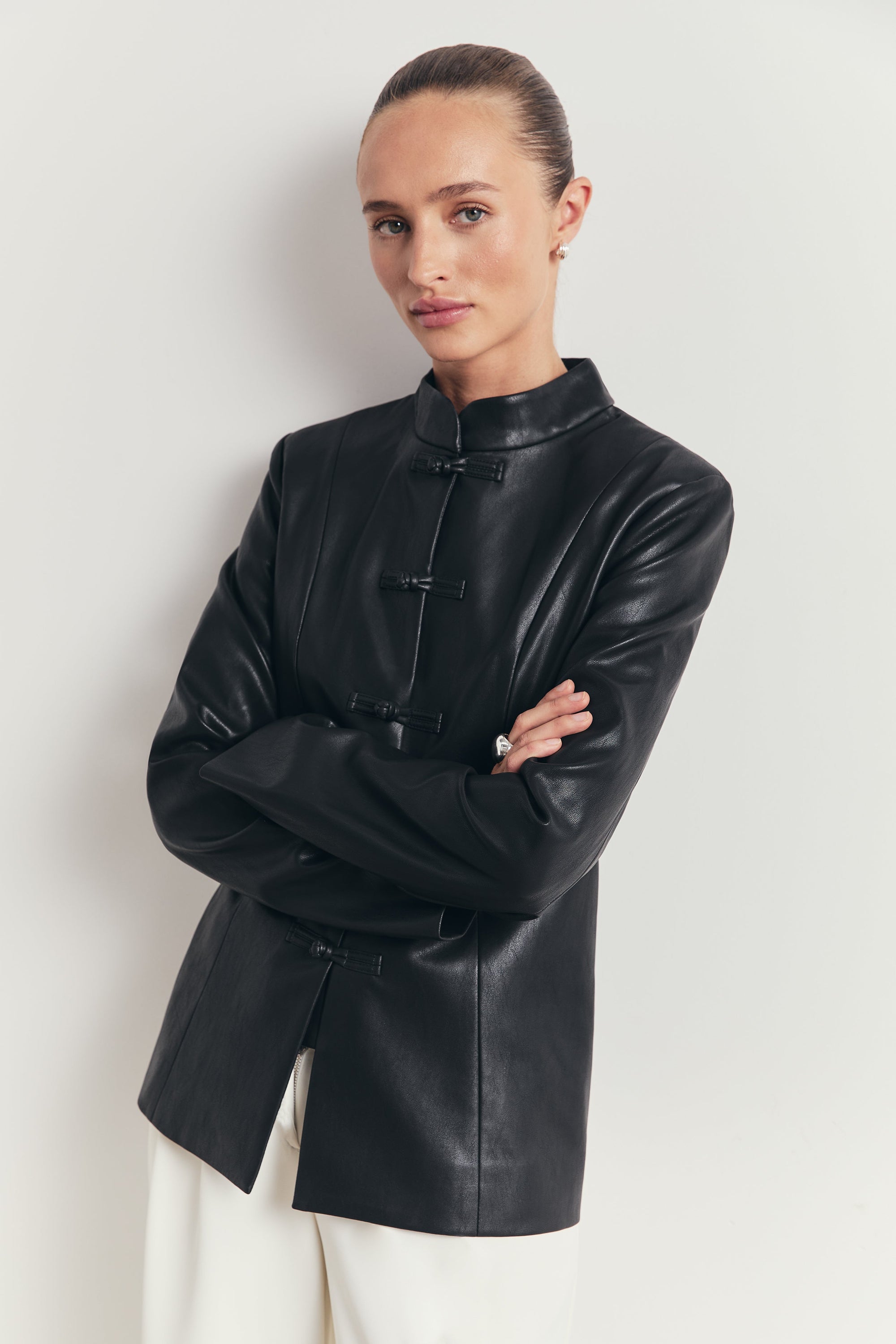 Leather Mandarin Collar Jacket - Black