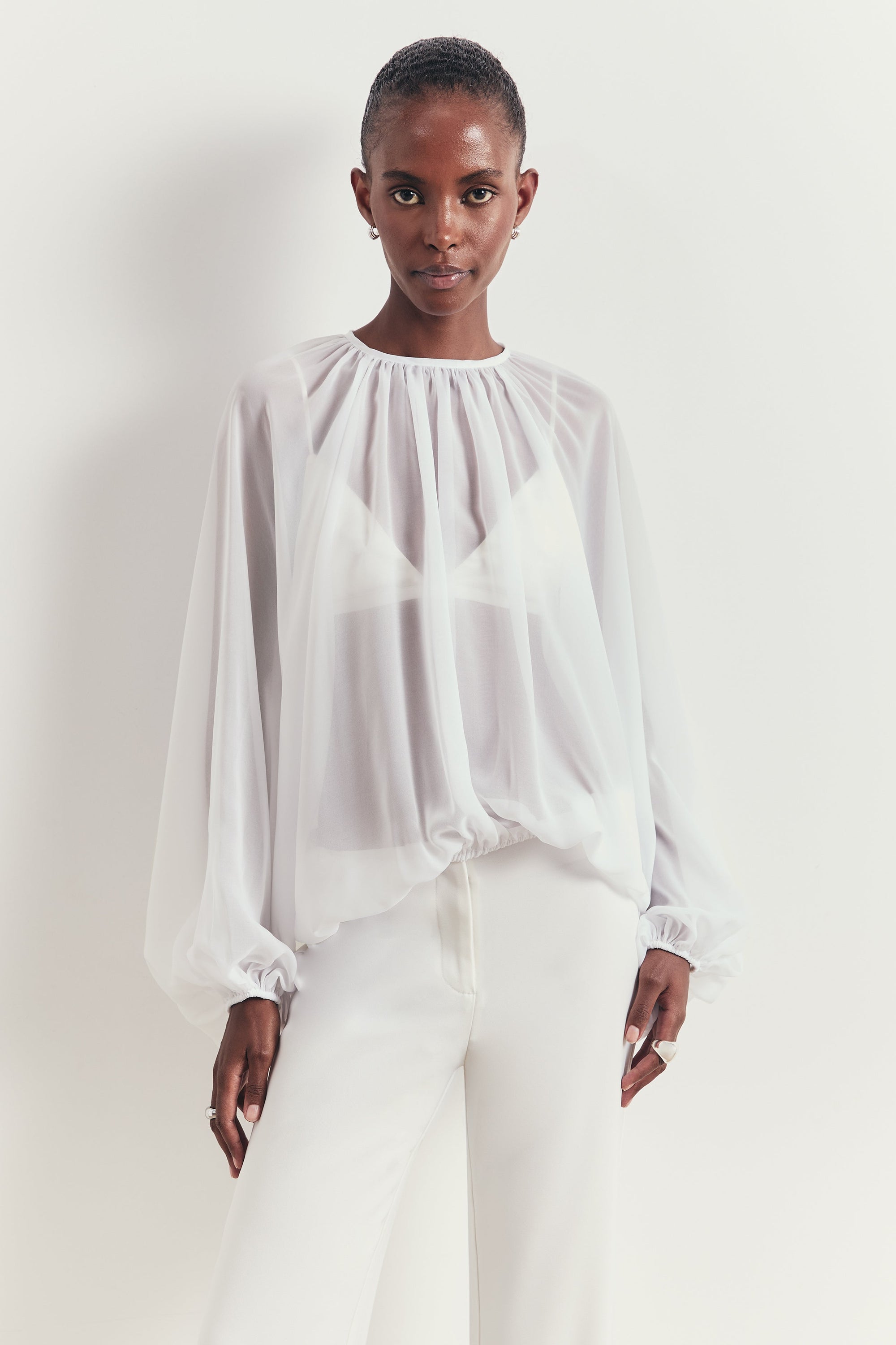 Sheer Chiffon Volume Sleeve Blouse - White
