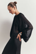 Sheer Chiffon Volume Sleeve Blouse - Black