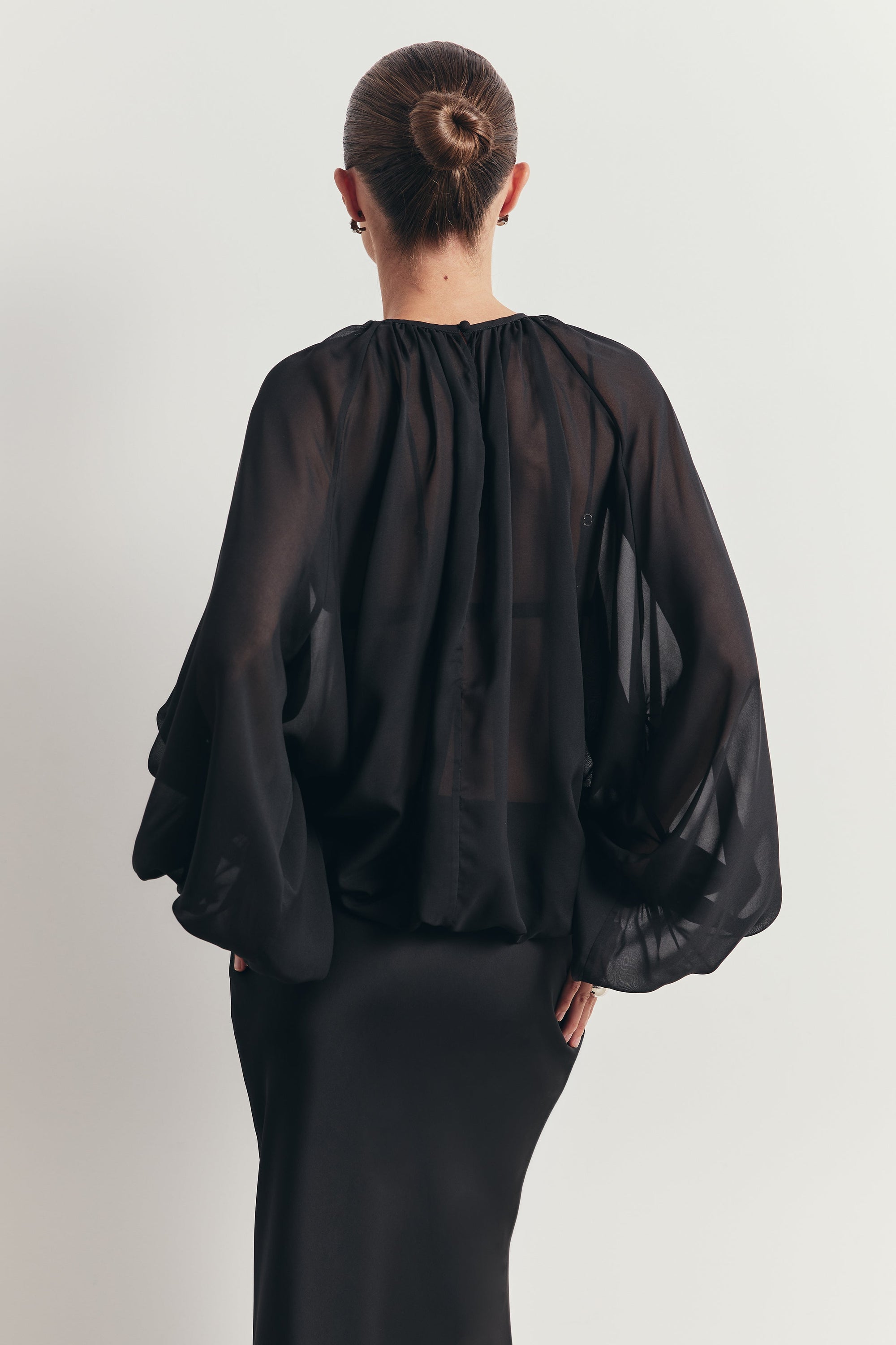 Sheer Chiffon Volume Sleeve Blouse - Black
