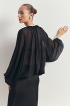 Sheer Chiffon Volume Sleeve Blouse - Black