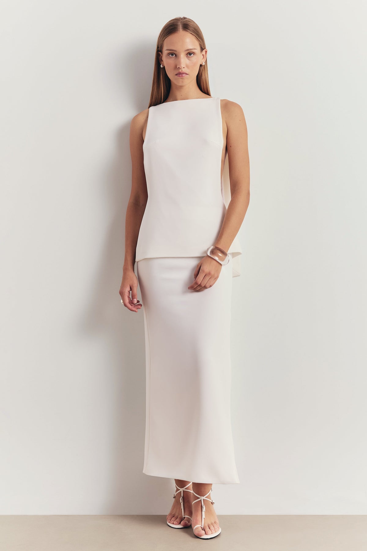 Clean Cut Column Maxi Skirt with Slit - White