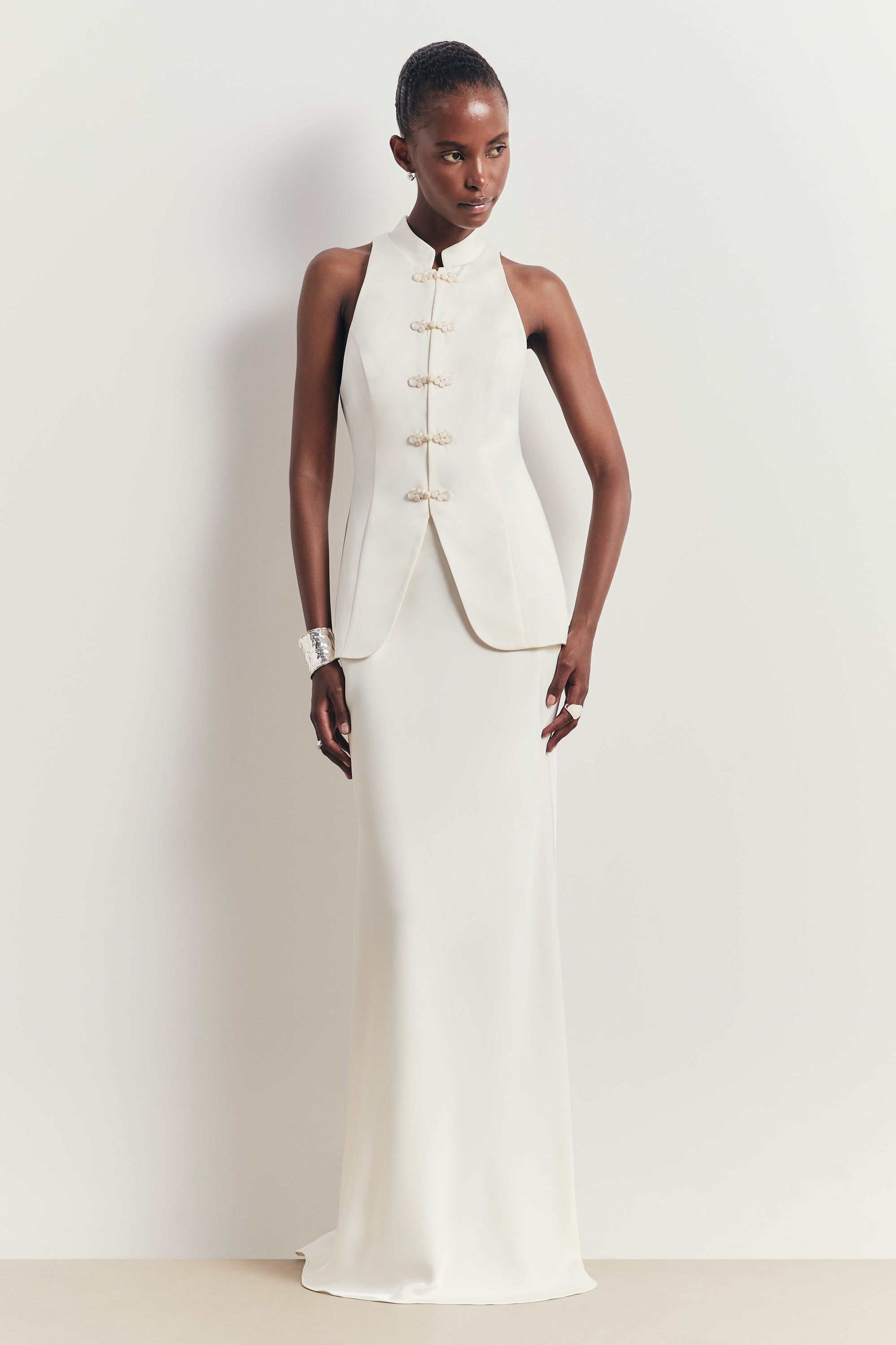 Tailored Satin Mandarin Collar Top - Ivory