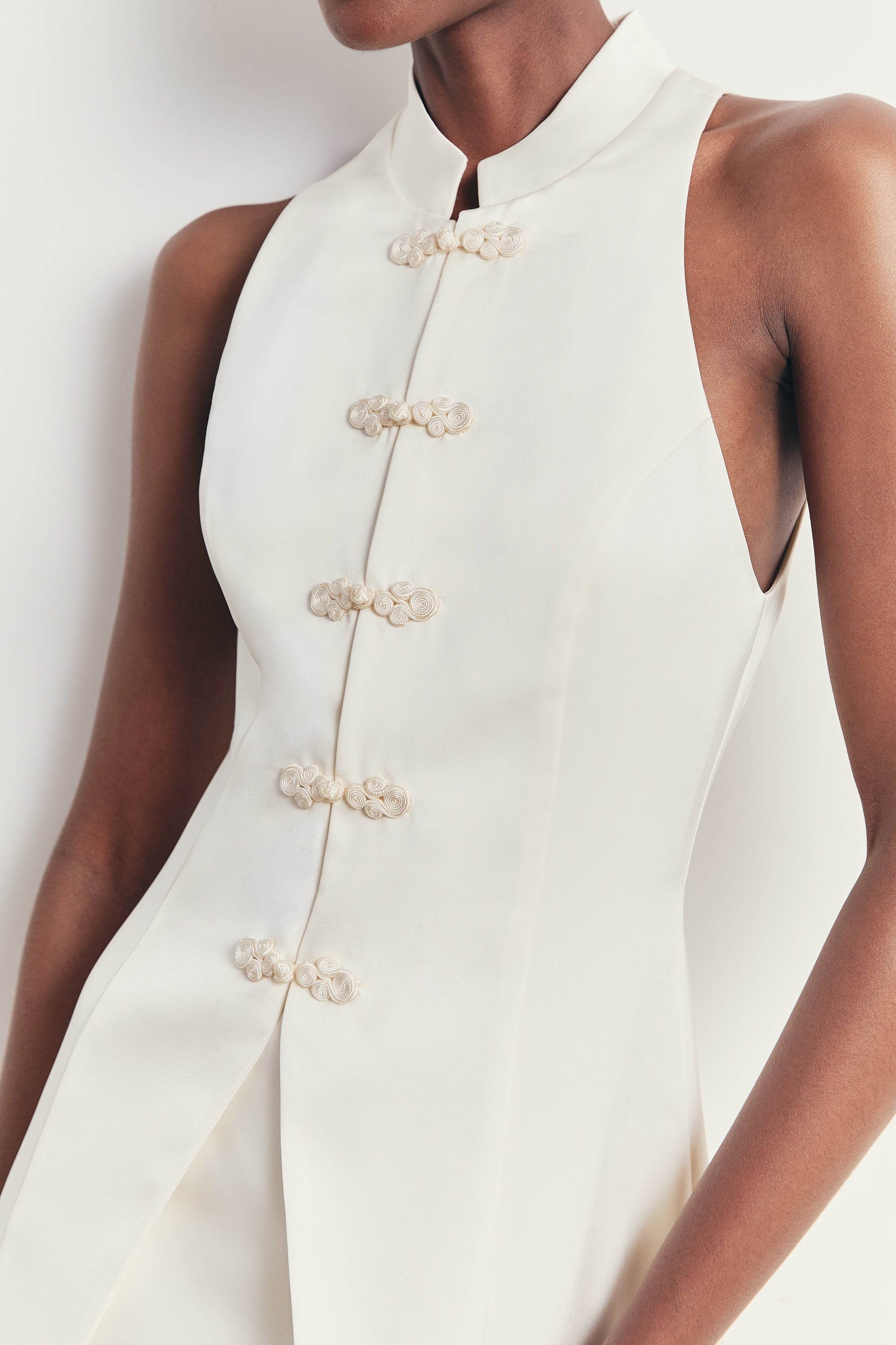 Tailored Satin Mandarin Collar Top - Ivory