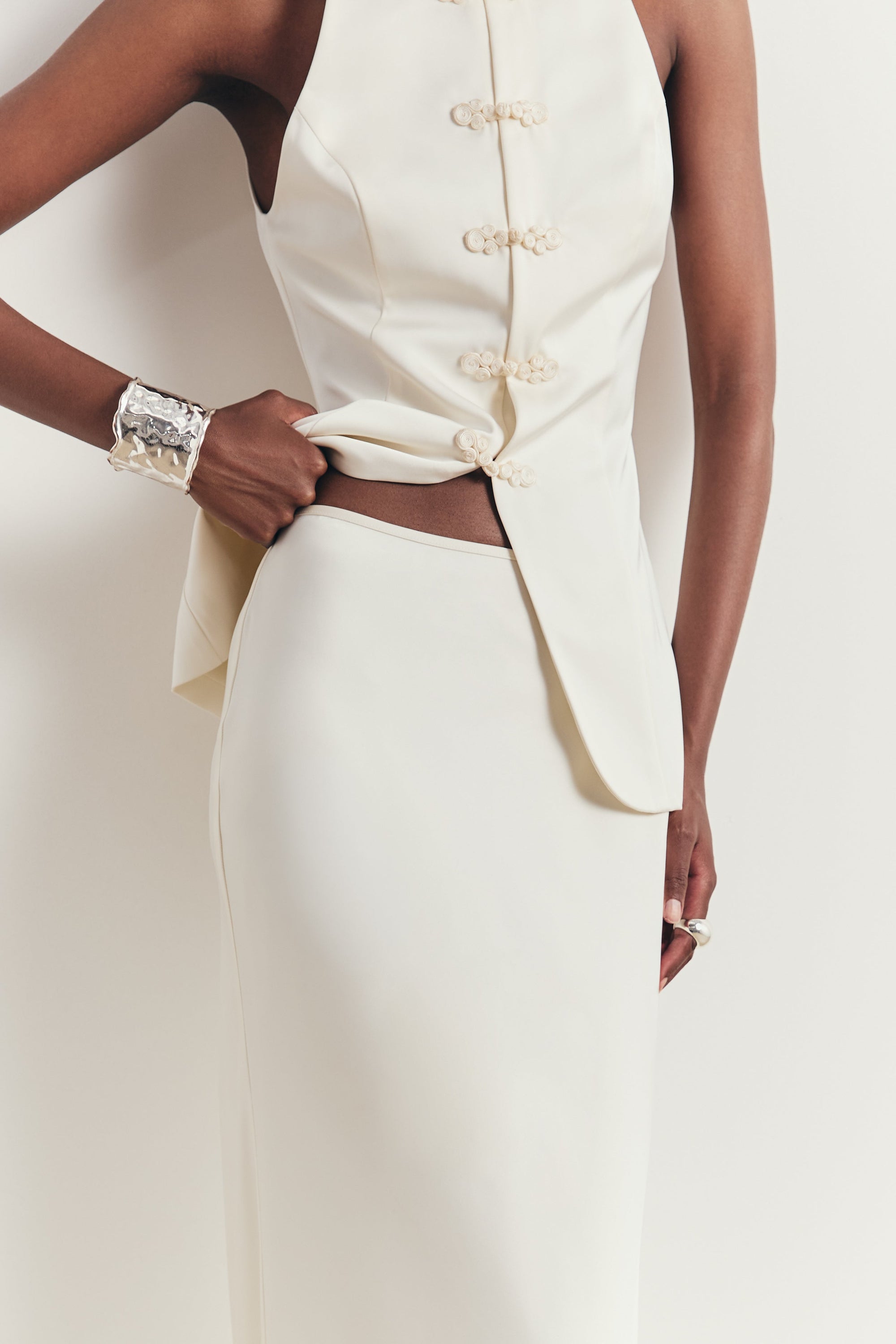 Tailored Satin Bias Cut Maxi Skirt - Ivory