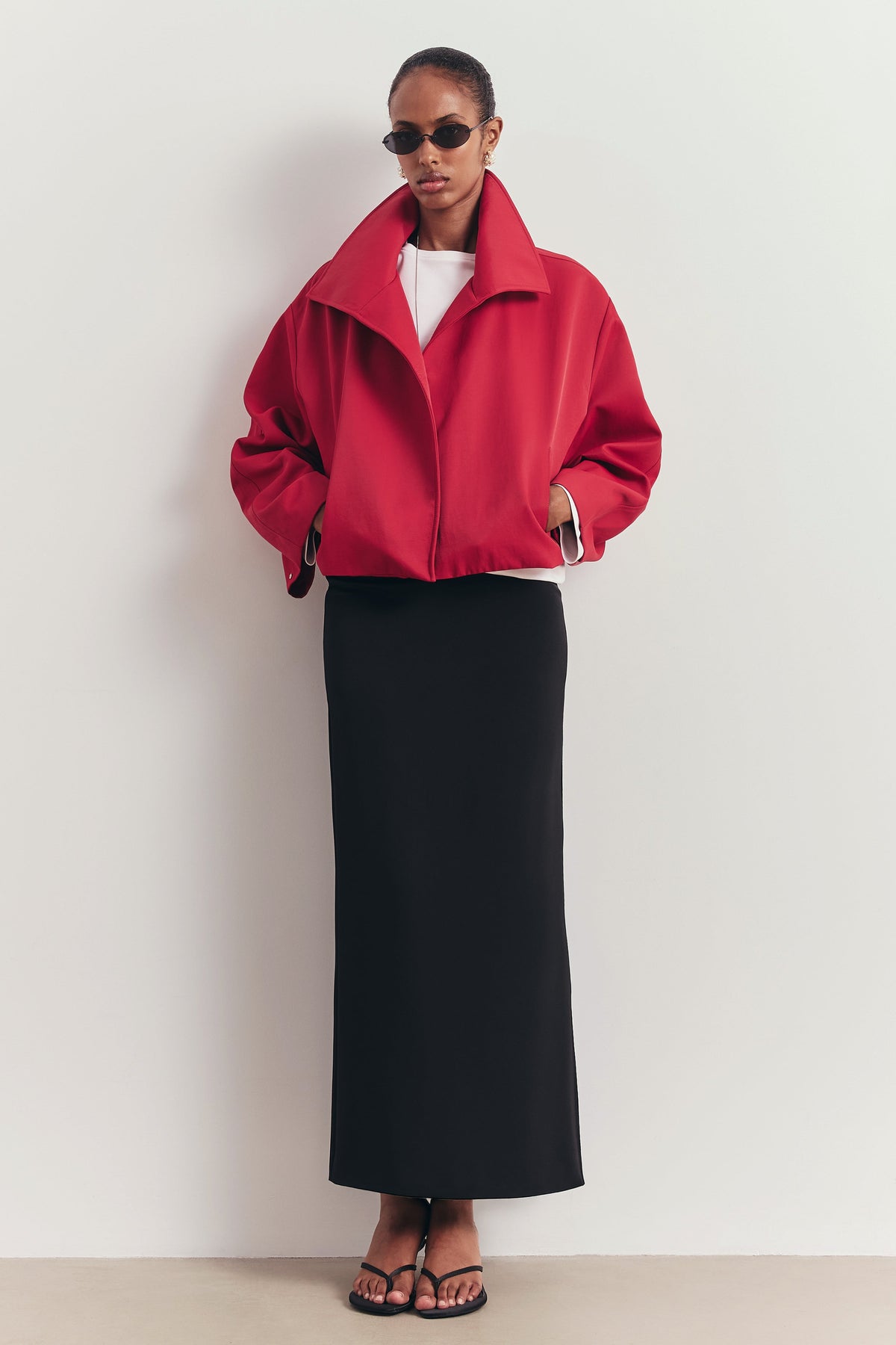 Cropped Funnel Neck Open Jacket - Scarlet
