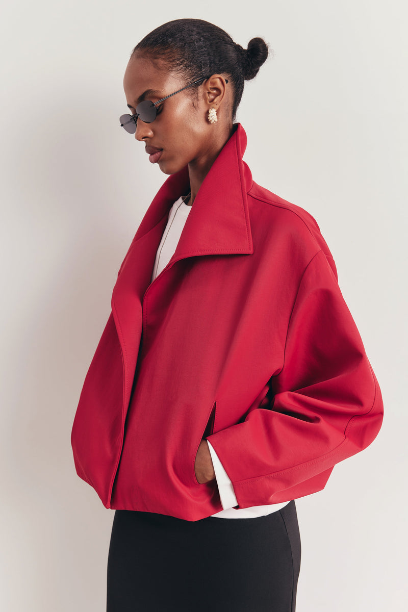 Cropped Funnel Neck Open Jacket - Scarlet