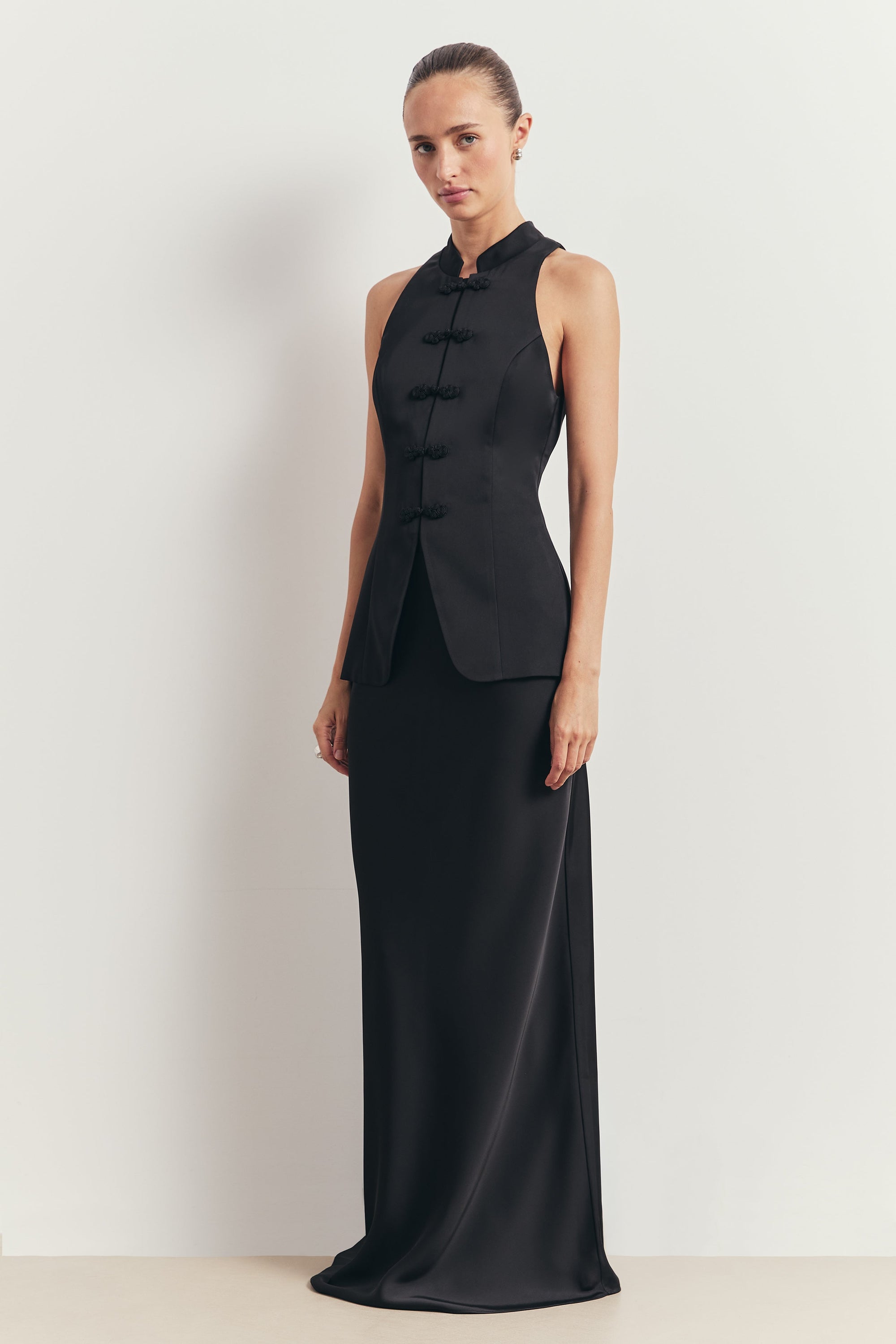 Tailored Satin Bias Cut Maxi Skirt - Black