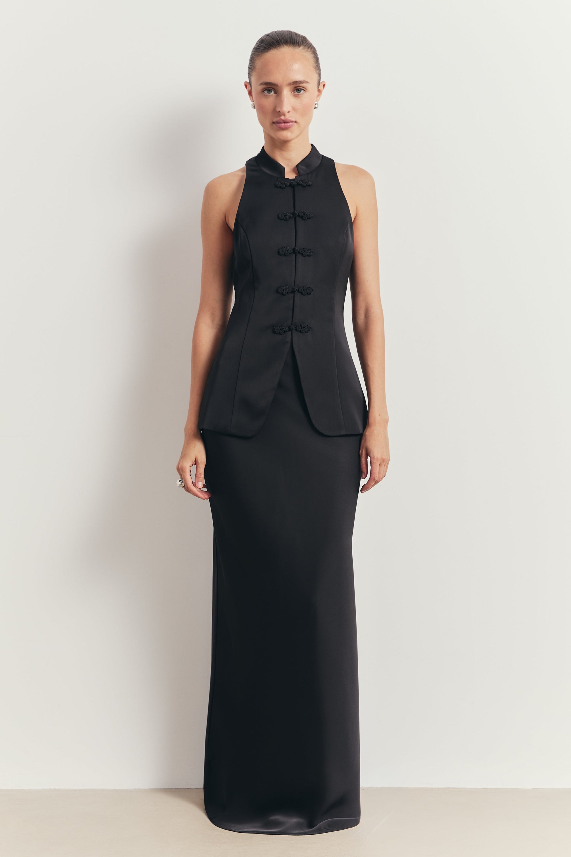 Tailored Satin Bias Cut Maxi Skirt - Black