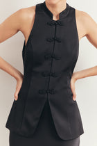 Tailored Satin Mandarin Collar Top - Black