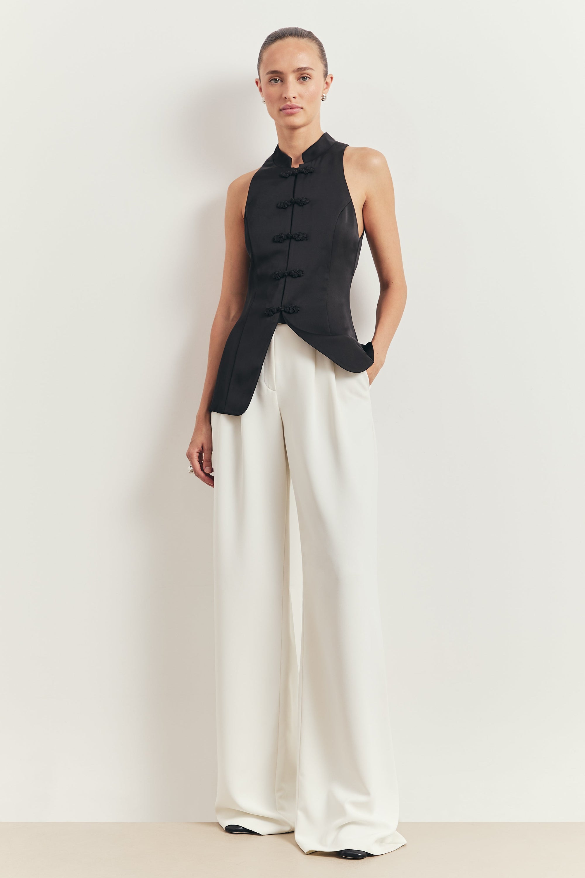 Tailored Satin Mandarin Collar Top - Black