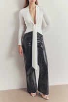 Longsleeve V Neck Tie Waist Top - White