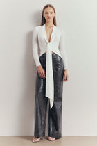Longsleeve V Neck Tie Waist Top - White