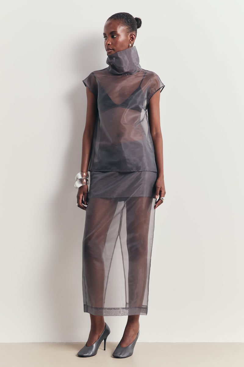 Sheer Organza Column Midi Skirt - Slate