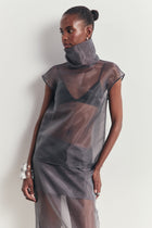 Sheer Organza Funnel Neck Blouse - Slate