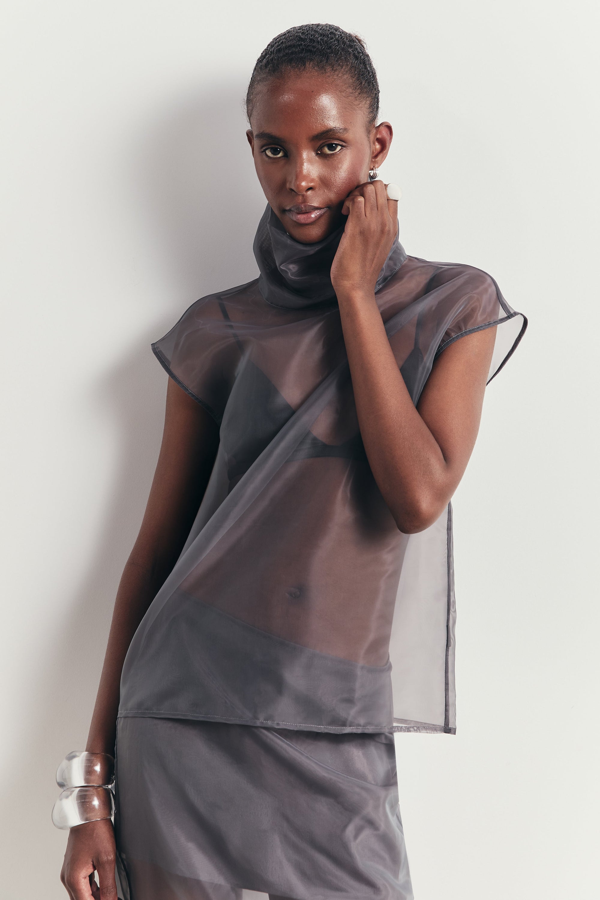 Sheer Organza Funnel Neck Blouse - Slate