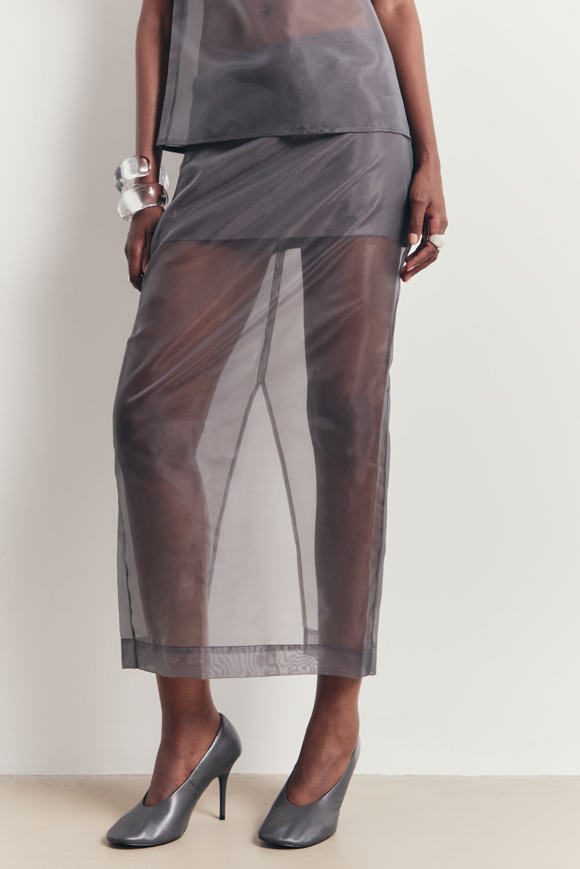Sheer Organza Column Midi Skirt - Slate