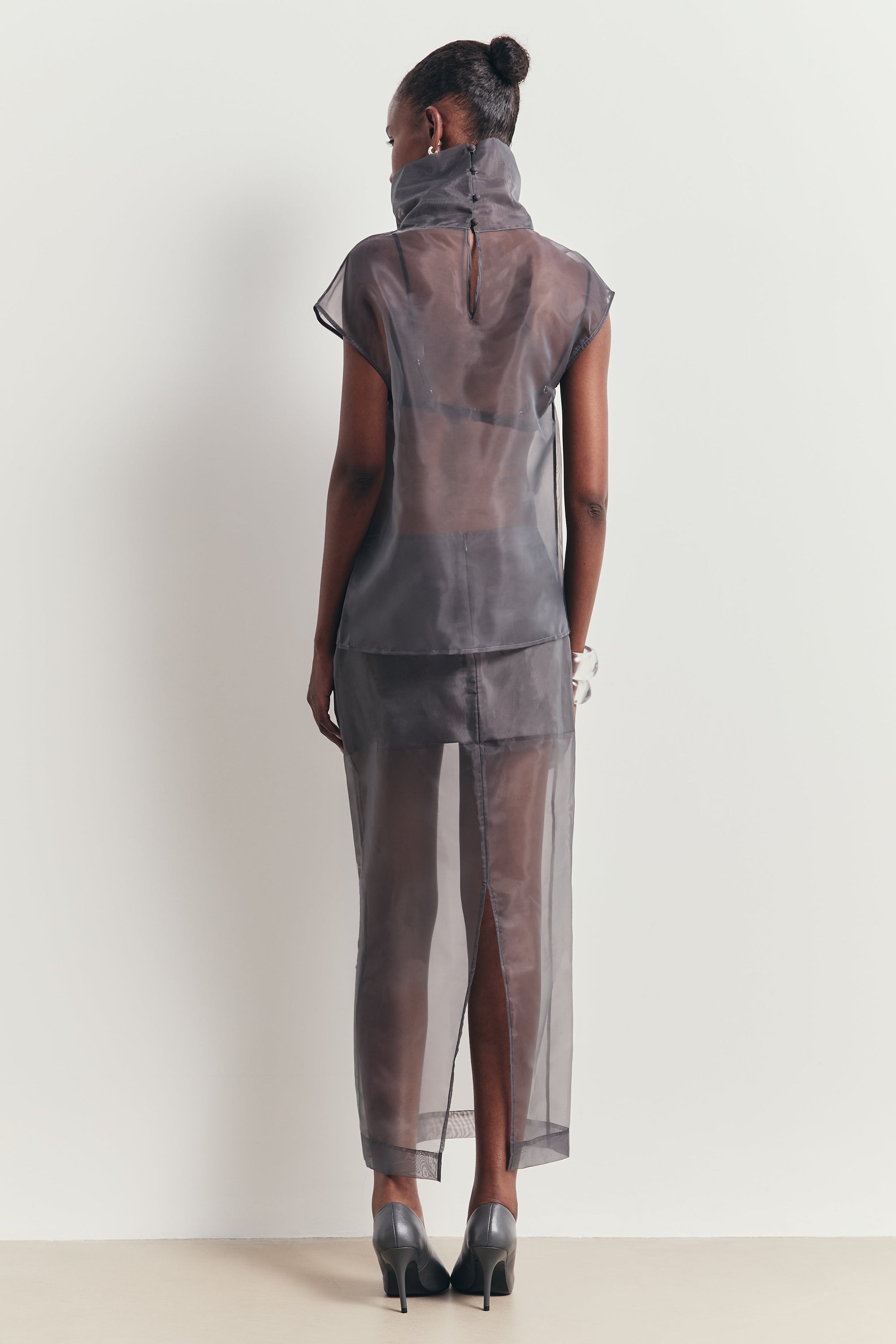 Sheer Organza Funnel Neck Blouse - Slate